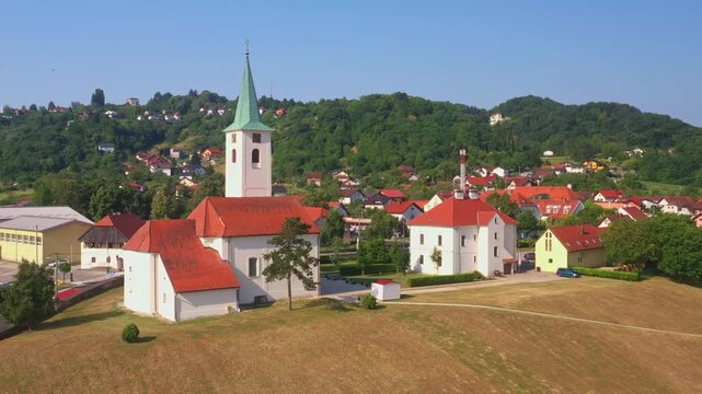 Aerial view of church of Holy Trinity in Sveta Nedelja, Samobor region, Croatia 