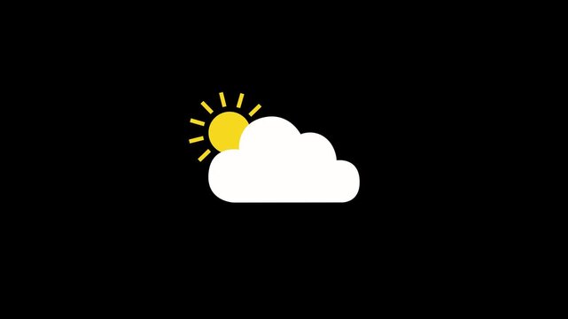 Simple weather icon with cloud and rotating sun animation on black background. Partly cloudy weather forecast icon. Sunny weather icon with sun behind cloud animation with alpha channel