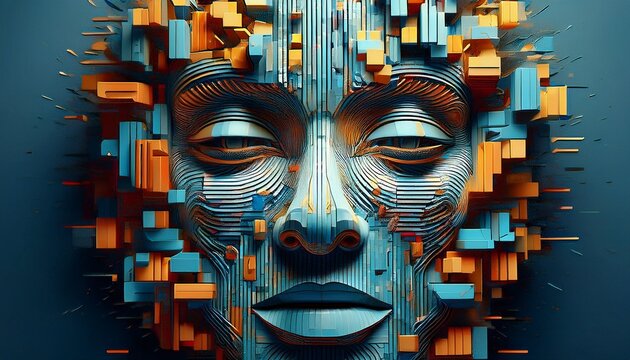 digital face composed of blocks breaks apart in a creative display of technology and art generative ai