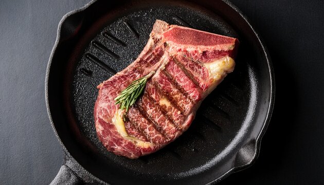 overhead view of rib eye steak on skillet