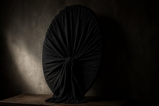 A mirror completely covered and bound with black cloth, no reflection.