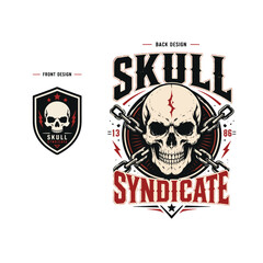 Fototapeta premium large skull with crossed chains, bold vintage typography “SKULL SYNDICATE”, flat black red cream colors
