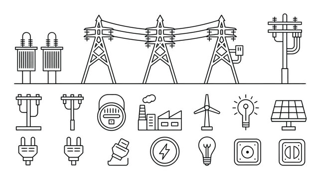 Power grid electricity generation and distribution infrastructure thin line icons set with transmission towers solar panels wind turbine energy.