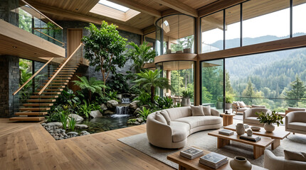 Fototapeta premium Modern luxury villa living room with indoor garden and large windows. 