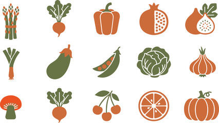 Fototapeta premium Organic Food and Vegetable Icons Vector Set for Restaurant Menu and Grocery Branding