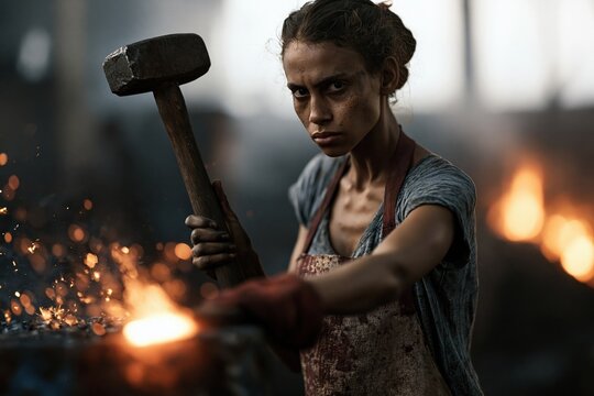 Gritty woman blacksmith working with hammer and fiery sparks