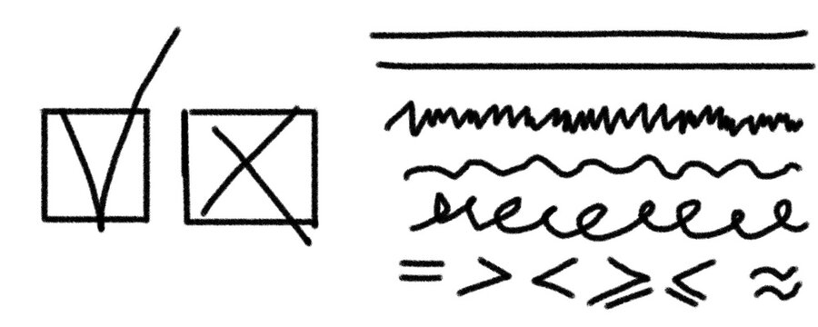 Hand drawn black charcoal checkbox icons checkmark cross math symbols and underline scribble strokes set on white background