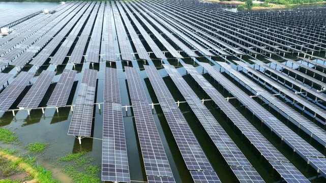 Aerial view of fishery-solar complementary photovoltaic power station on water