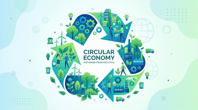 Vector illustration of circular economy concept showing sustainable resource cycle with recycling loop arrow, eco friendly factory, renewable energy, and green business people