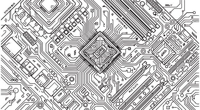 Computer motherboard circuit board line art vector with central processor and electronic components for technology and hardware design