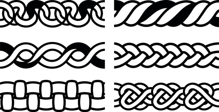 Black and white vector art set of six decorative knot and braid borders