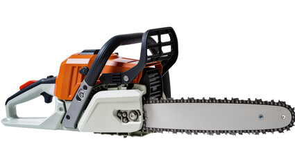 Fototapeta premium Isolated modern orange and grey powerful professional petrol chainsaw for wood cutting.