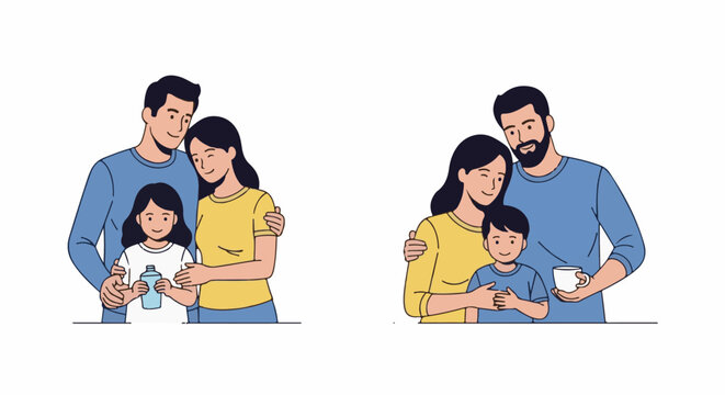 Two happy families each with parents embracing their child one holding a bottle the other a cup