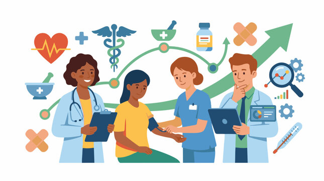 Medical professionals attending to a patient with various health-related icons