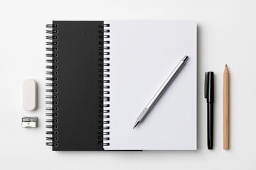 Naklejka premium Notebook with spiral binding and office stationery supplies on a white background
