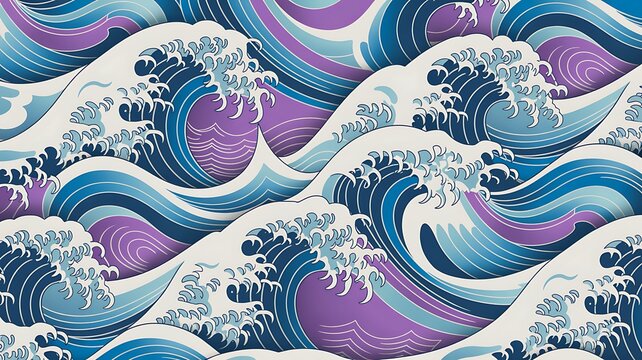 Seamless pattern with blue ocean waves in japanese style