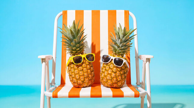 Two pineapples with sunglasses sitting on a striped beach chair