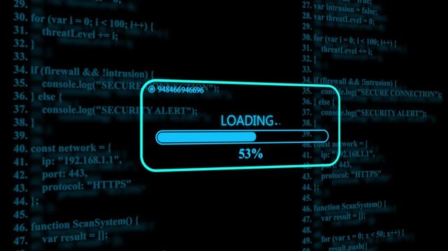 Digital loading bar interface with thirty one percent progress displayed over a background of scrolling blue computer programming code text