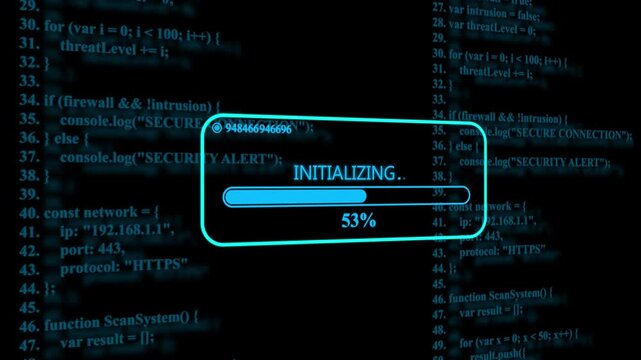 Digital interface showing a blue loading bar with the text initializing on a dark background filled with lines of computer programming source code