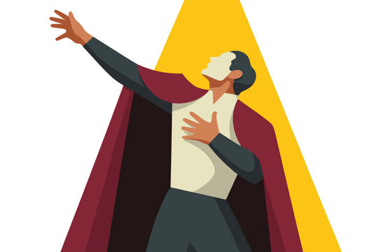 Male opera singer in white mask and red cape performing under spotlight illustration