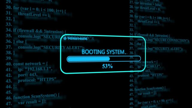 Digital interface showing a blue loading bar with the text booting system on a dark background filled with lines of computer programming source code