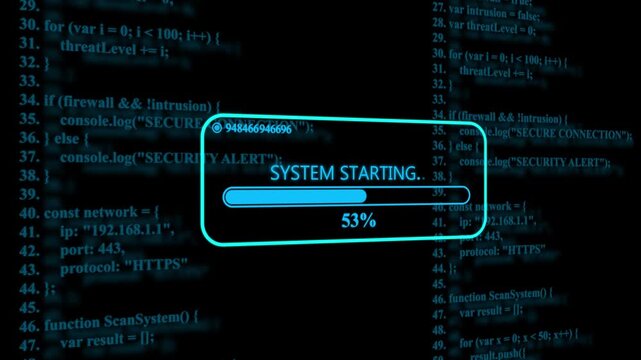 Digital interface showing a blue loading bar with the text system starting on a dark background filled with lines of computer programming source code