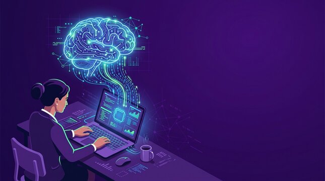 Woman developer working on laptop with glowing artificial intelligence AI brain and data stream illustration