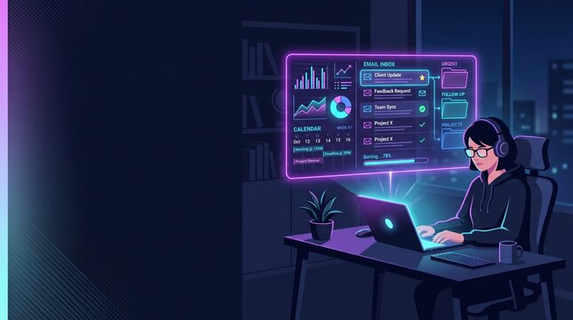 Woman Working Late at Night with Futuristic Neon Email and Task Management Dashboard Vector Illustration