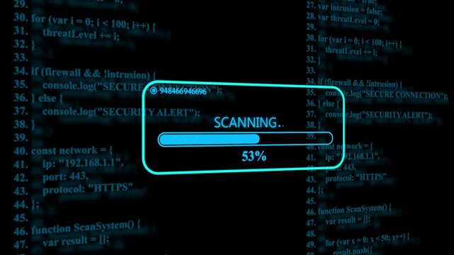Glowing blue computer screen displaying lines of programming code with a central scanning progress bar notification showing thirty one percent completion