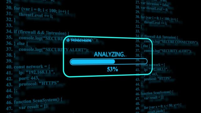 Glowing blue computer screen displaying lines of programming code with a central analyzing progress bar notification showing thirty one percent completion