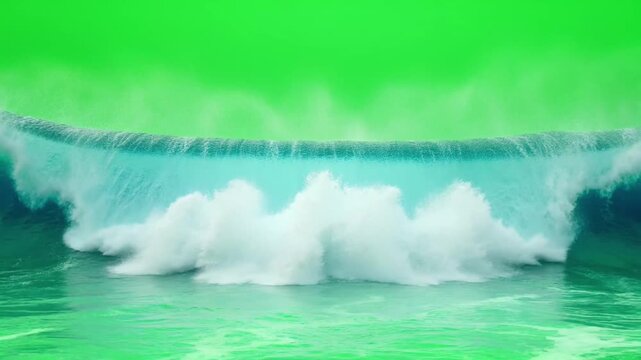 Crashing ocean wave rolling forward isolated on green screen sea water surf