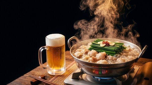 Authentic Japanese Nightlife: Bubbling Motsunabe Hot Pot and Cold Draft Beer in Cozy Izakaya with Lantern and Neon Bokeh