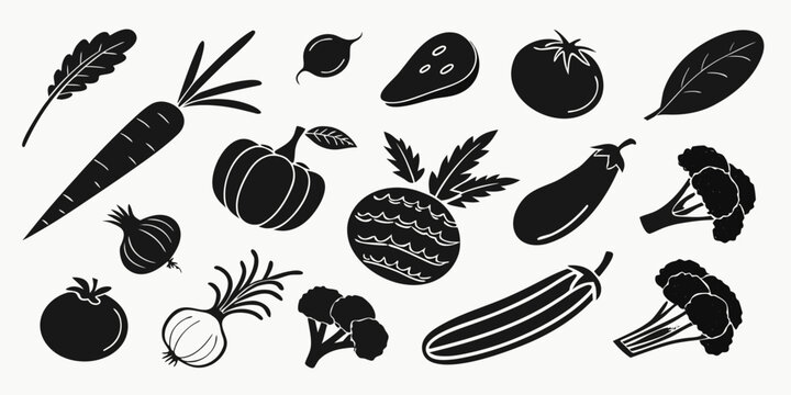 Set of fresh vegetable silhouettes including carrots broccoli eggplant tomato with vegetables nutrition vegetarian broccoli eggplant ingredient