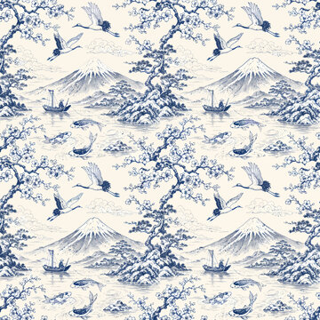 Seamless blue Japanese toile pattern with Mount Fuji, koi fish, cranes, cherry blossoms, pine trees, boats, clouds, and traditional lake scenery
