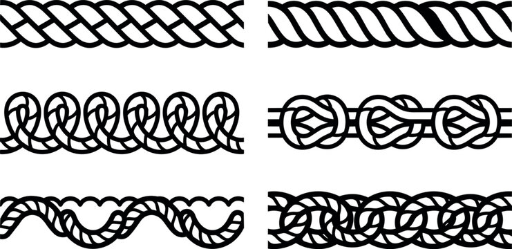 Black and white rope border patterns with various knot and twist designs vector art