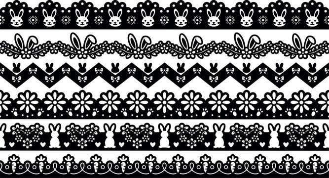 Black and white bunny and floral ornamental pattern borders vector art