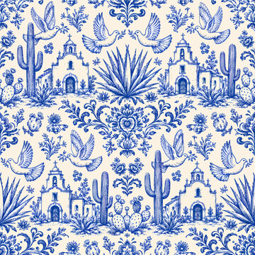 Seamless blue folk pattern with Mexican mission churches, doves, cactus, agave, floral ornaments, and desert-inspired decorative line art