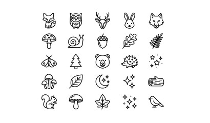 Minimal magic forest doodle icon set moth mushroom snail plants outline vector illustration EPS 10 © Md Monirul