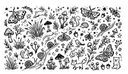 Minimal magic forest doodle icon set moth mushroom snail plants outline vector illustration EPS 10 © Md Monirul