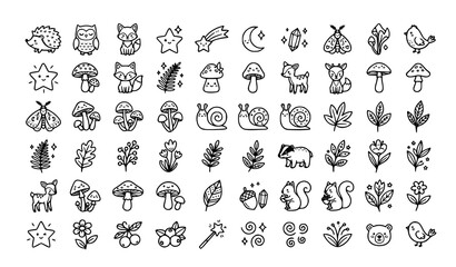 Cute magic forest doodle elements set kawaii animals moth mushroom snail plants hand drawn vector EPS 10 © Md Monirul