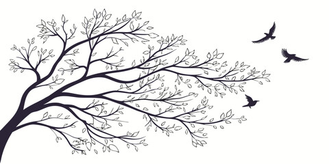 Fototapeta premium Black silhouette tree branch and birds flying in wind with silhouette art silhouette minimalist illustration isolated wildlife botanical