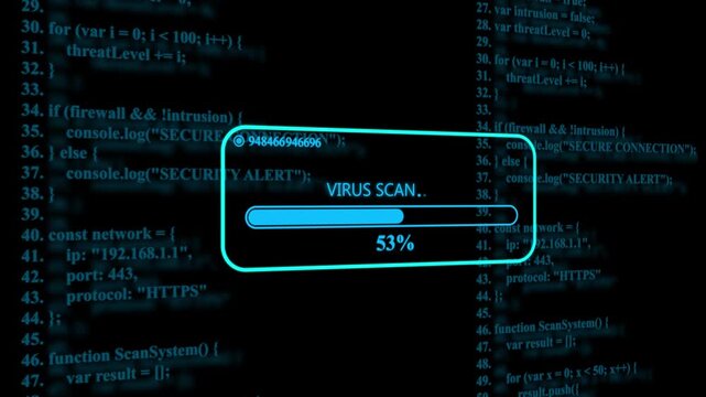 Virus scan status progress bar overlaying blue computer source code on a dark background showing thirty one percent completion status