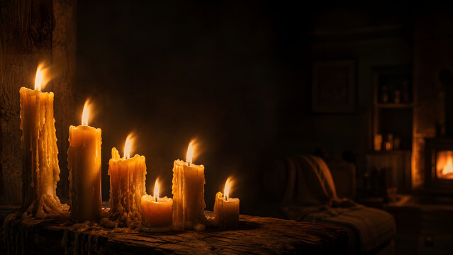 Warm candlelight still life with glowing wax candles on a rustic table and dark cozy interior background, ideal for relaxation, wellness, holiday, and memorial themes