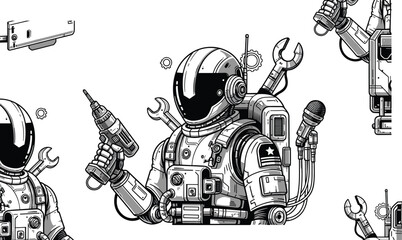 Futuristic astronaut illustration in black and white featuring advanced spacesuit, reflective visor, power drill, wrench, and multifunctional backpack tools symbolizing space exploration, engineering © MdAbdur