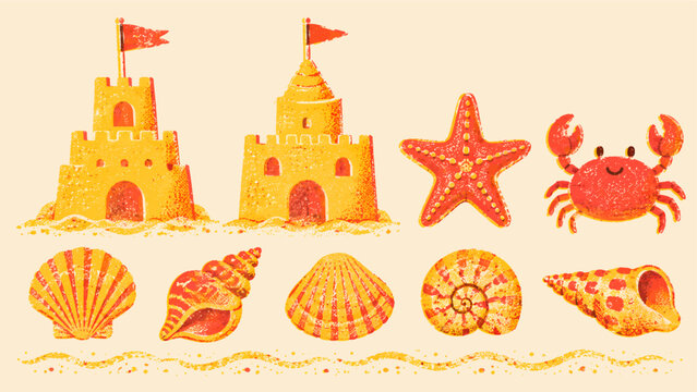 Beach craft illustration set with sandcastles, seashells, starfish, crab, and sandy border in warm retro risograph style for summer vacation design