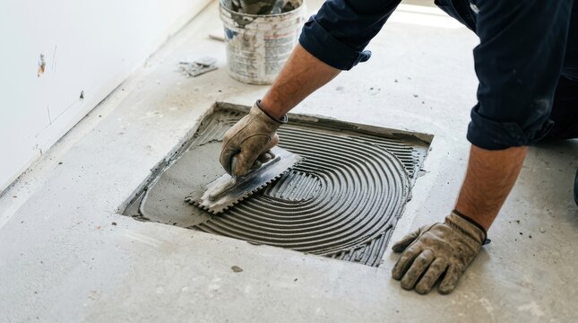 Professional tiler spreading adhesive mortar on concrete floor