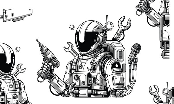 Futuristic astronaut illustration in black and white featuring advanced spacesuit, reflective visor, power drill, wrench, and multifunctional backpack tools symbolizing space exploration, engineering