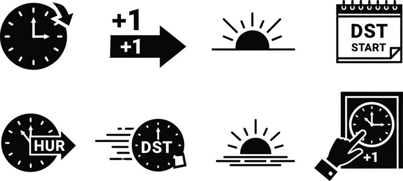Daylight saving time begins glyph icon set with spring forward clocks calendar and seasonal event elements