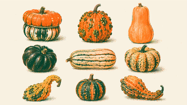Heirloom pumpkin and squash illustration set with gourds, striped varieties, and harvest vegetables in textured retro risograph style for autumn food and seasonal design