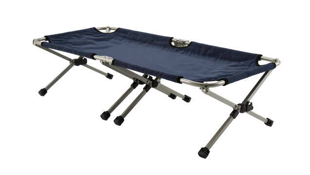Isolated foldable blue camping cot for outdoor activities and comfortable portable rest.